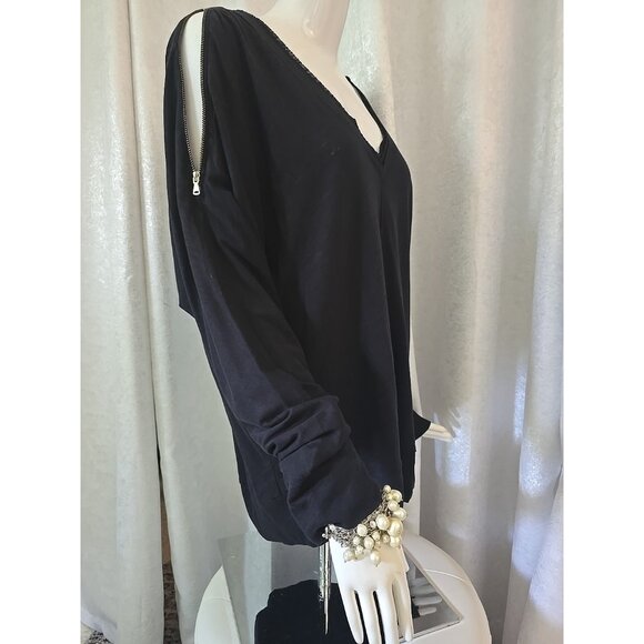 Rachel Roy Women V-Neck T Shirt Cold Zip Open Cold Shoulders Black Large Sexy - Picture 11 of 14